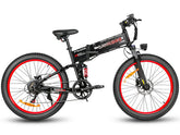 Black- SAMEBIKE LO26-Plus Electric Bike with red wheels on a white background
